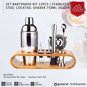Set Bartender Kit 12pcs Stainless Steel Cocktail Shaker 750ml Jigger