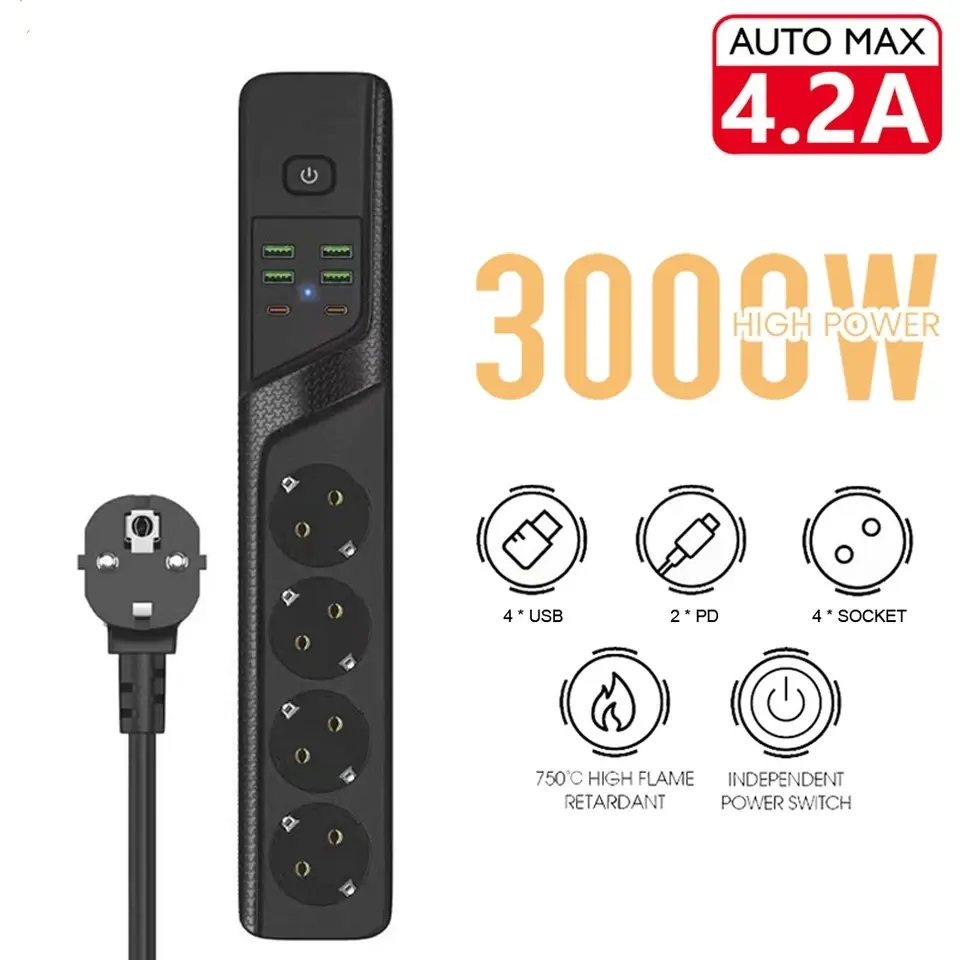 3000W EU Plug Power Strip AC Outlets Multitap Socket 3m Extension Cord