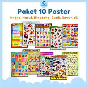 Paket 10 Poster Belajar Anak Edukasi Angka, Huruf, Binatang, Buah, dll
