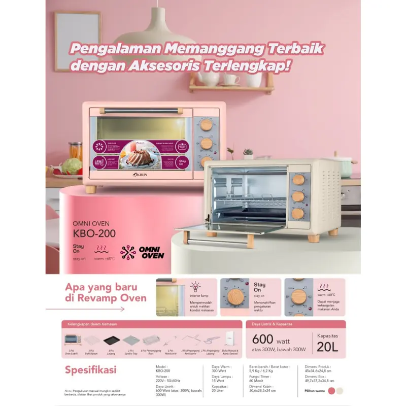 Oven Listrik Kirin KBO 200 20 Liter Low Watt Dengan Lampu Garansi Resm 2
