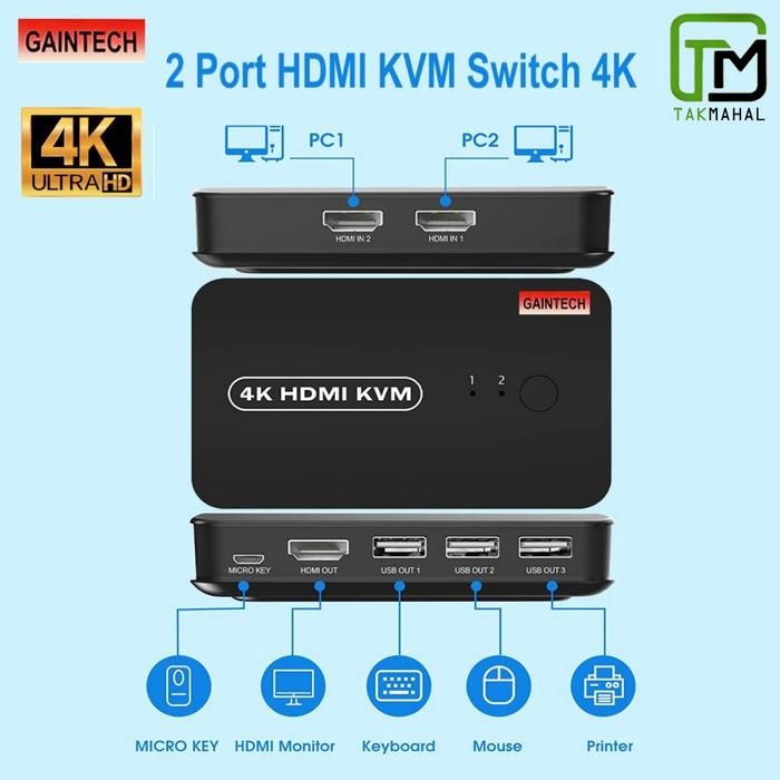 Jual KVM Switch HDMI 2 Port Input-1 Port Output + USB 3 Port Gaintech ...