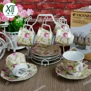 VICENZA CA~78~1 Tea Cup & Saucer Set 13 Pcs Cangkir & Tatak + Rak