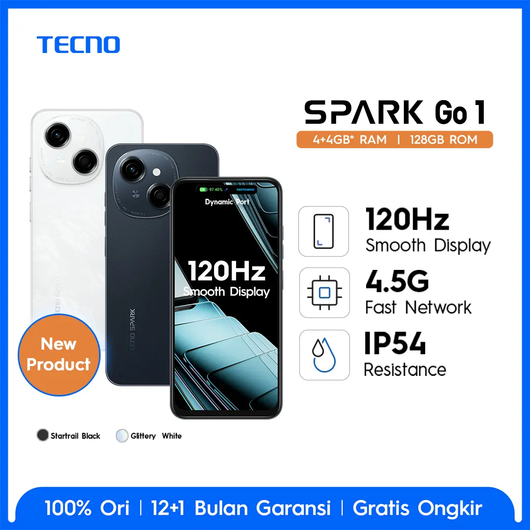 TECNO SPARK Go 1 – 4+4GB*+128GB, 120Hz Display, T615+4.5G Network, 5000mAh+15W, IP54, Android 14, Garansi 12+1 Bulan