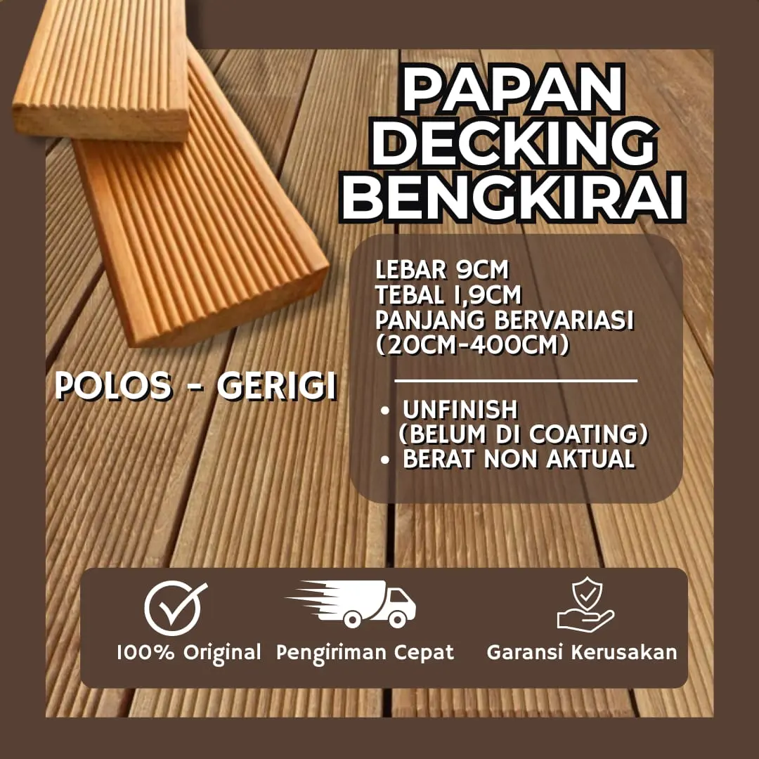 Papan Decking Asli Kayu Bengkirai Lebar 9cm untuk Lantai dan Pagar