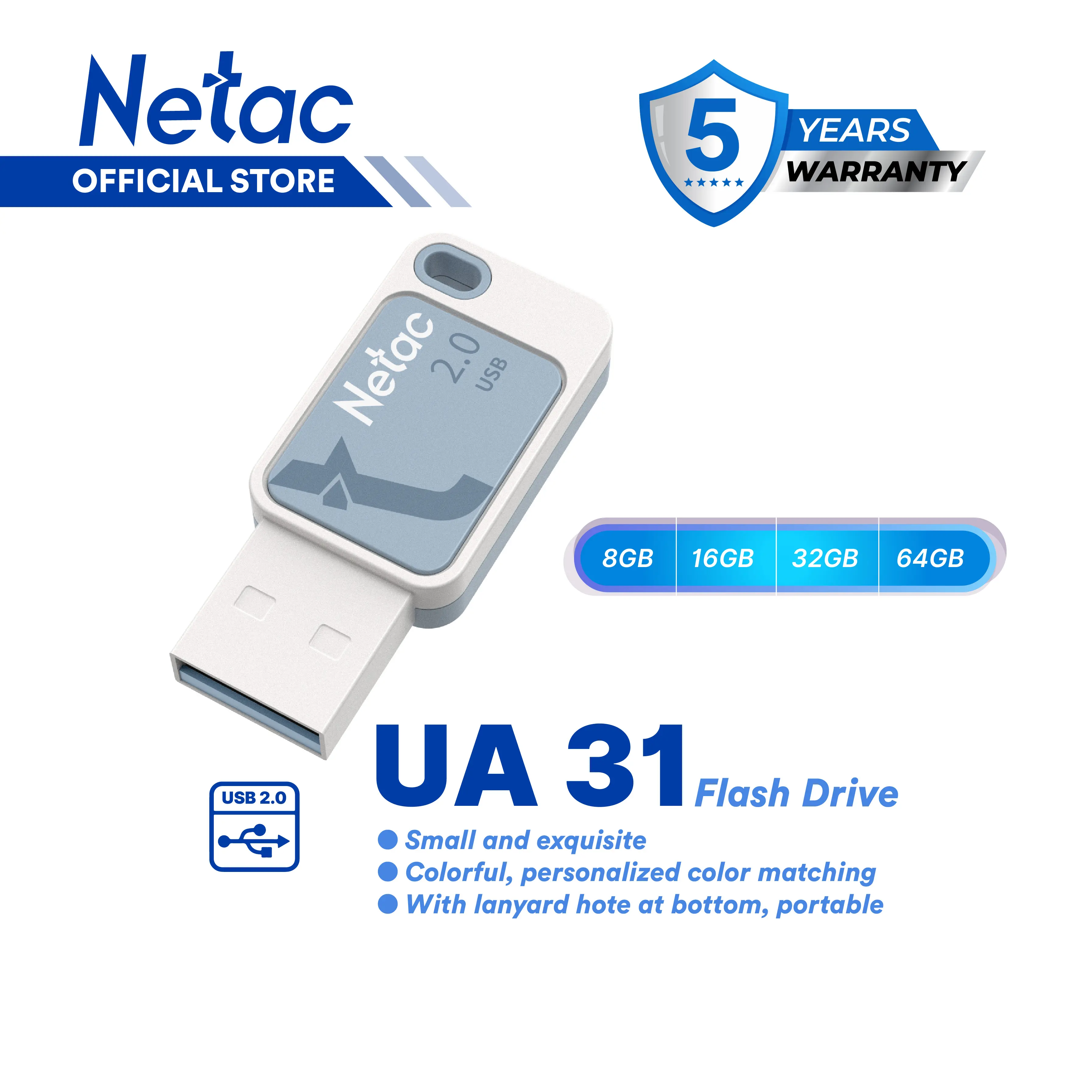 Netac Flashdisk UA31 USB 2.0 Flash Drive 8GB/16GB/32GB/64GB Blue Full Support for Computer Smart TV