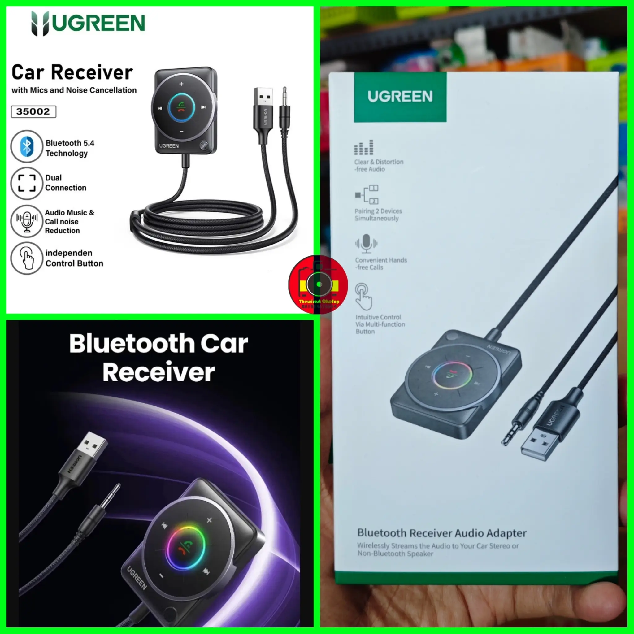 UGREEN Car Bluetooth 5.4 Receiver 35002 Adapter 3.5mm with Dual Mic