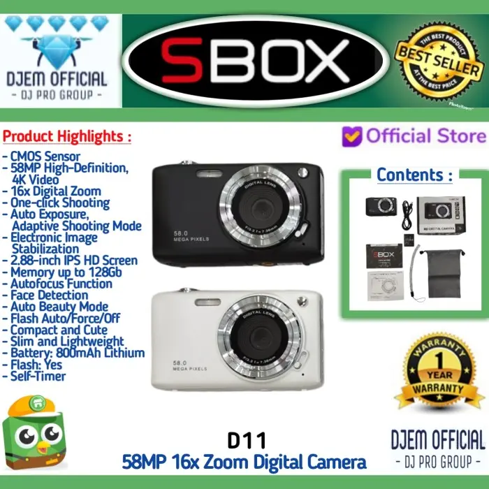 SBOX D12 Digital Pocket Camera 4K 58MP 20x Zoom Compact Point & Shoot