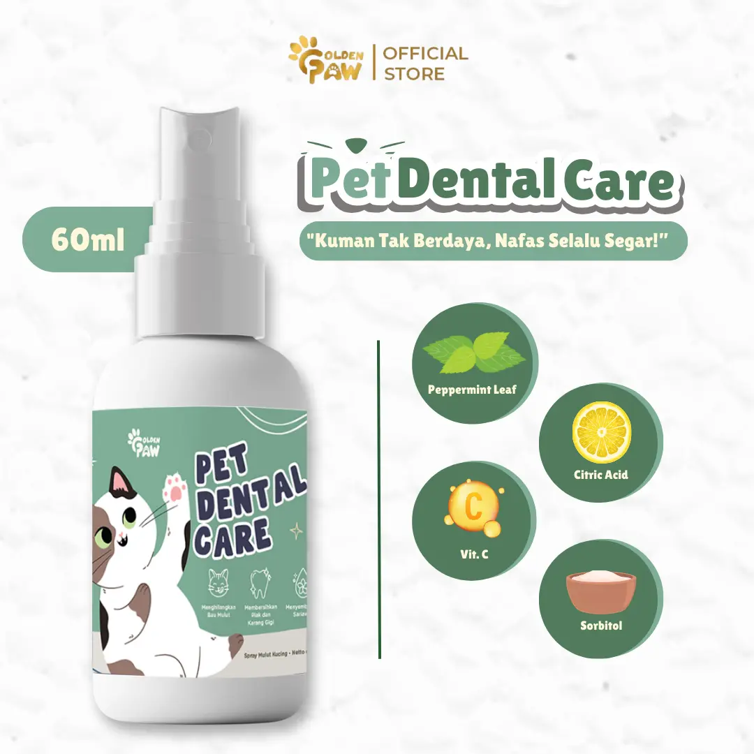 Golden Paw Pet Dental Care Obat untuk Luka Mulut, Sariawan Radang Bau Mulut Iritasi Plak dan Jamur pada Mulut Kucing dan Pembersih Karang Gigi Hewan 60ml