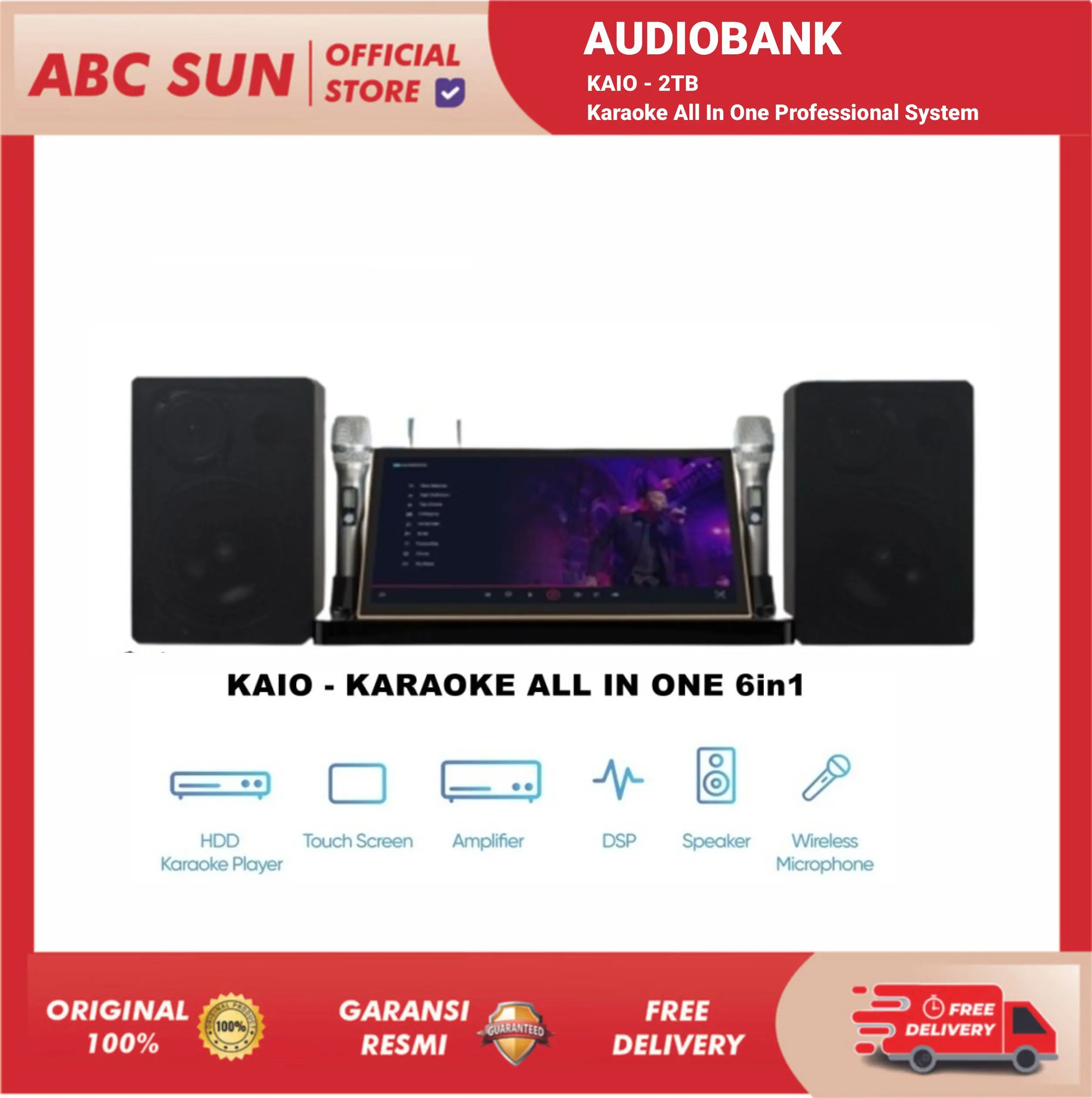AudioBank KAIO 2TB Karaoke All In One Professional System dengan Touchscreen 18.5" 2K LED & Speaker 2x6" dan 2 Mic Wireless