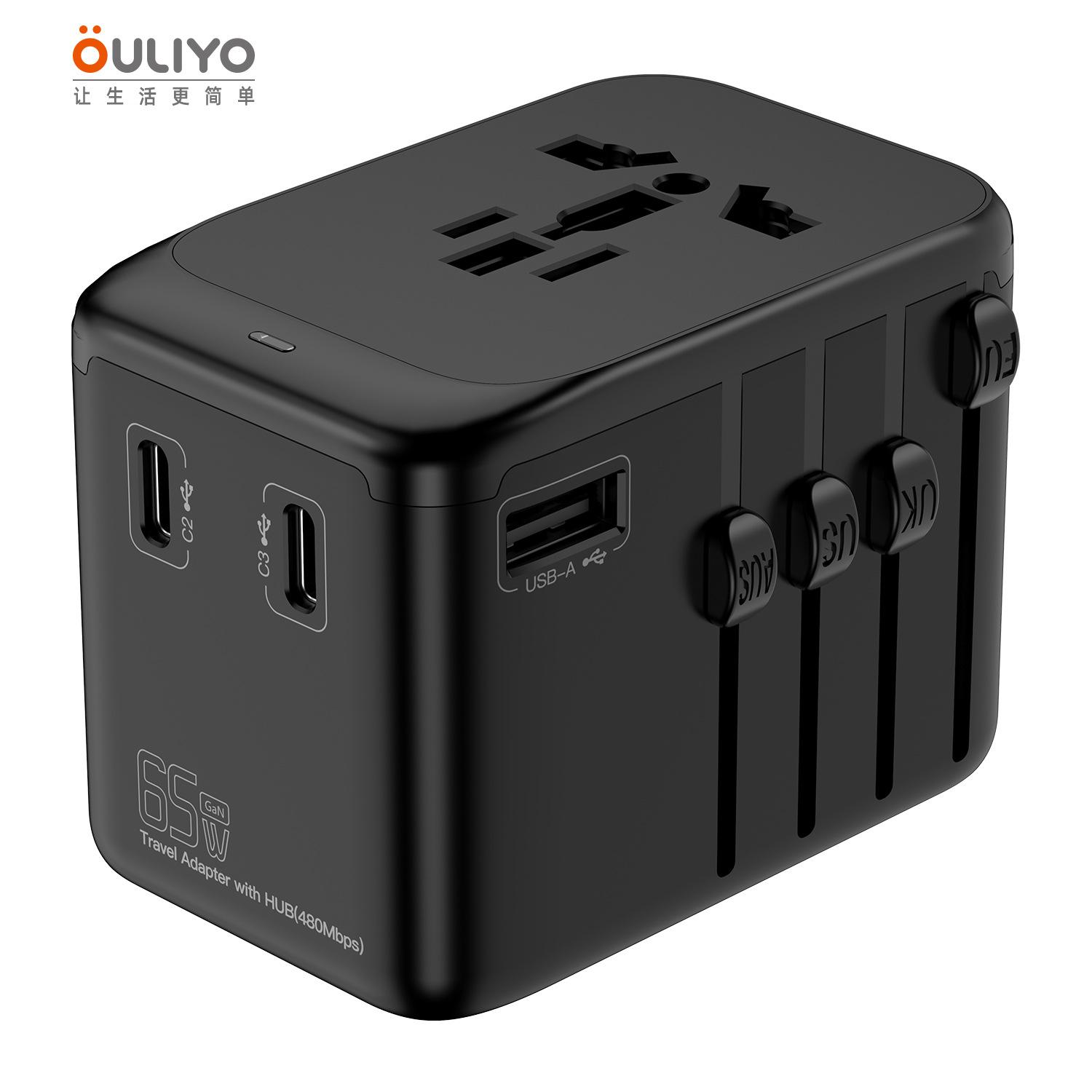 65W GaN 4-Port Fast Charging universal travel Adapter, 3 Type-C High-Power Travel Socket with HUB Converter
