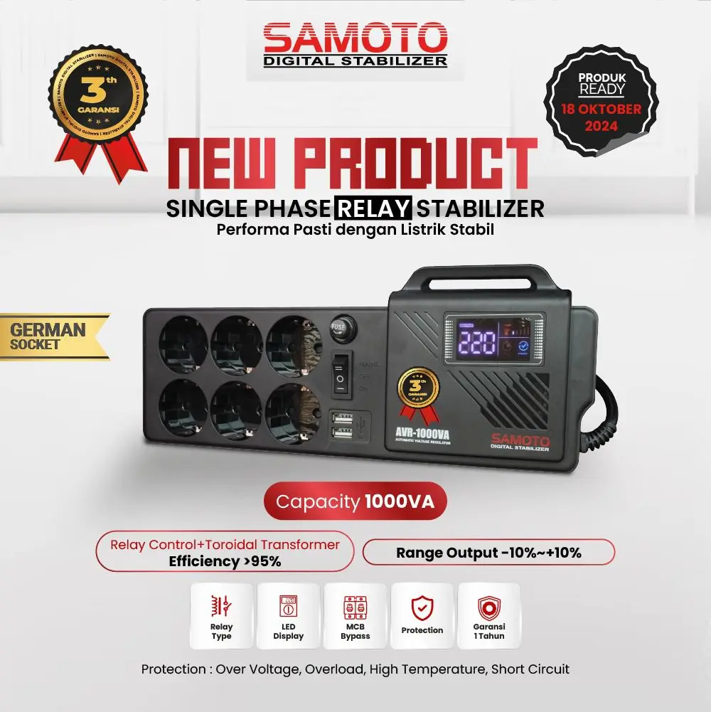 SAMOTO Stabilizer Relay 1000VA GERMANY Socket Colokan Stop Kontak AVR Stabiliser Relay Controlled Series AVR1000G
