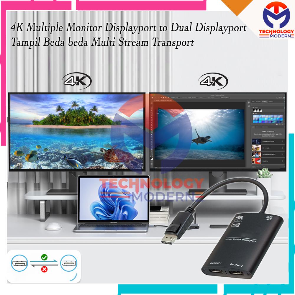4K Multiple Extend 2 Display Monitor Displayport To Dual Displayport (Tampil Beda-beda) 60Hz