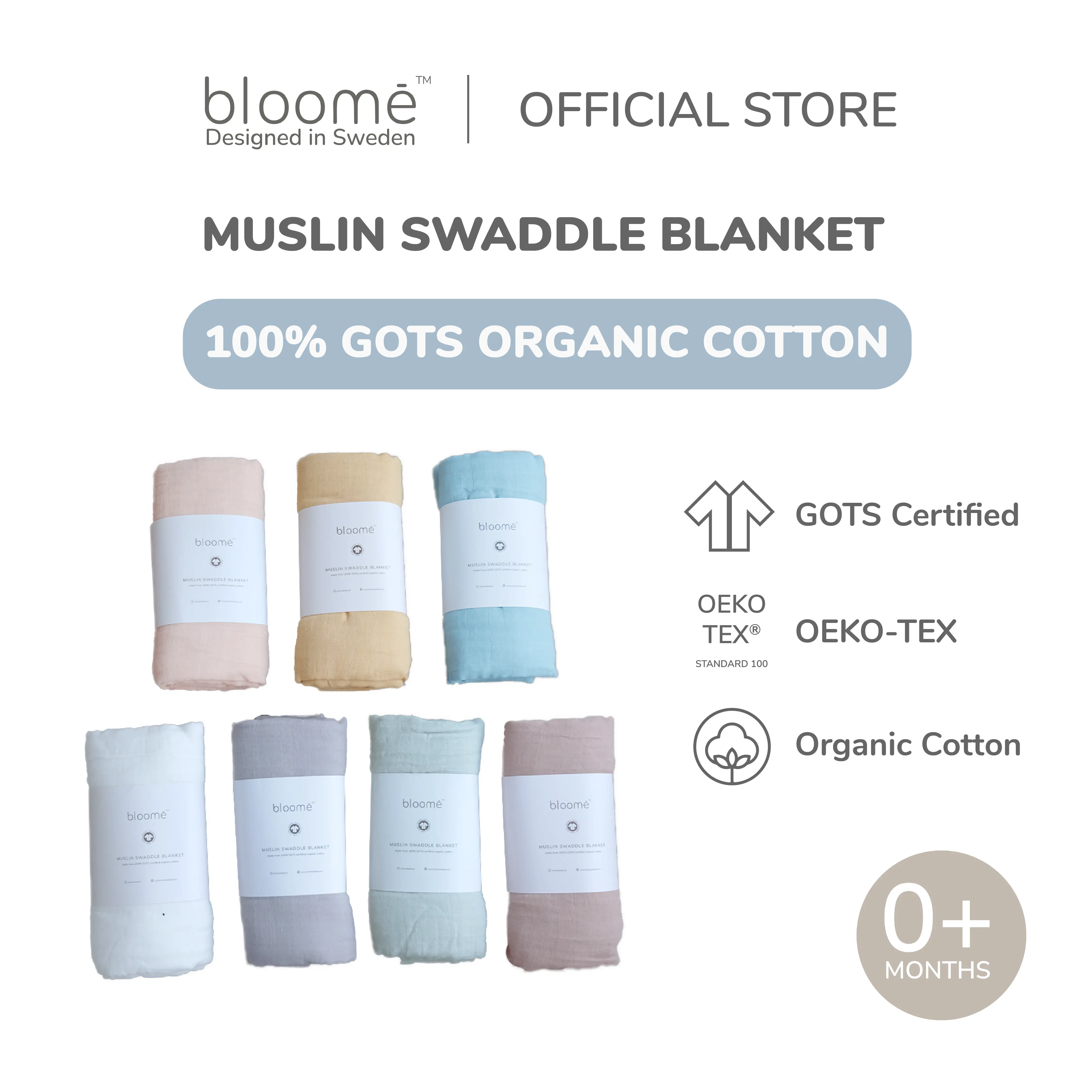 BLOOME Baby Muslin Swaddle Blanket 100%GOTS Organic Cotton Bedong Bayi