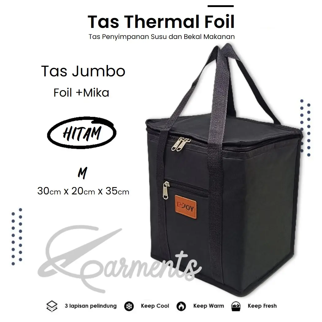 Tas Bekal Thermal Foil+Mika WARNA HITAM SIZE-M 30cm x 20cm x 35cm / Tas Pengawet Makanan dan Minuman / Cooler Thermal Bag / Tas Botol Susu dan Asi untuk Bayi / Tas Pendingin Minuman / Tas Travel Piknik