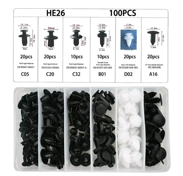 Set Baut Rivet Mur Paku Plastik untuk Mobil Motor Panel Isi 100 Pcs - plus pengungkit
