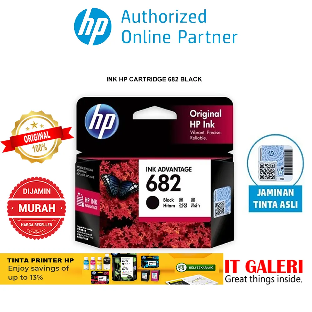 HP Tinta Printer Original 682 Black Ink Advantage Cartridge (3YM77AA) Tinta Toner