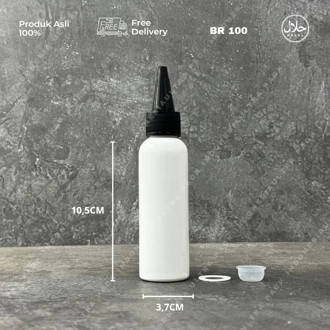 KEMASAN TINTA ISI ULANG - BOTOL PET BR 100ML PUTIH & TUTUP TINTA KERUCUT HITAM + PLUG ANTI BOCOR + GASKET