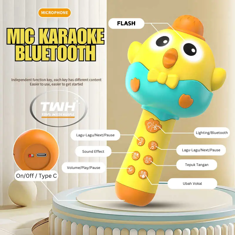 MIC KARAOKE ANAK BLUETOOTH CANGGIH MODEL TERBARU CHICKEN VERSION BISA KONEK BLUETOOH & GANTI SOUND EFFECT BATERAI BISA DICAS HADIAH ANAK