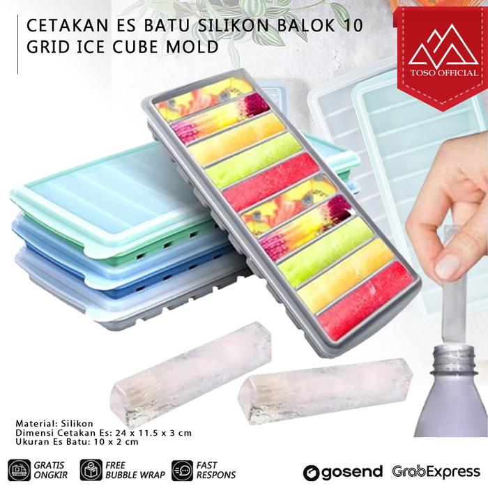 Gambar Cetakan Es Batu Silikon Balok 10 Grid Ice Cube Tray Mold Ice Stick Silicone + Lid dari Toso Mart Kota Administrasi Jakarta Pusat Tokopedia