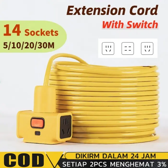 3600W Kabel Ekstensi 10m/20m/30m Mtr 1.5mm Kabel Sambungan Multi Fungsi Colokan Listrik VCT 2*1.5 Tahan Panas 16 Amp 3600 Watt Cocok untuk Peralatan Listrik Tinggi Stop Kontak Multi Outlets Expander