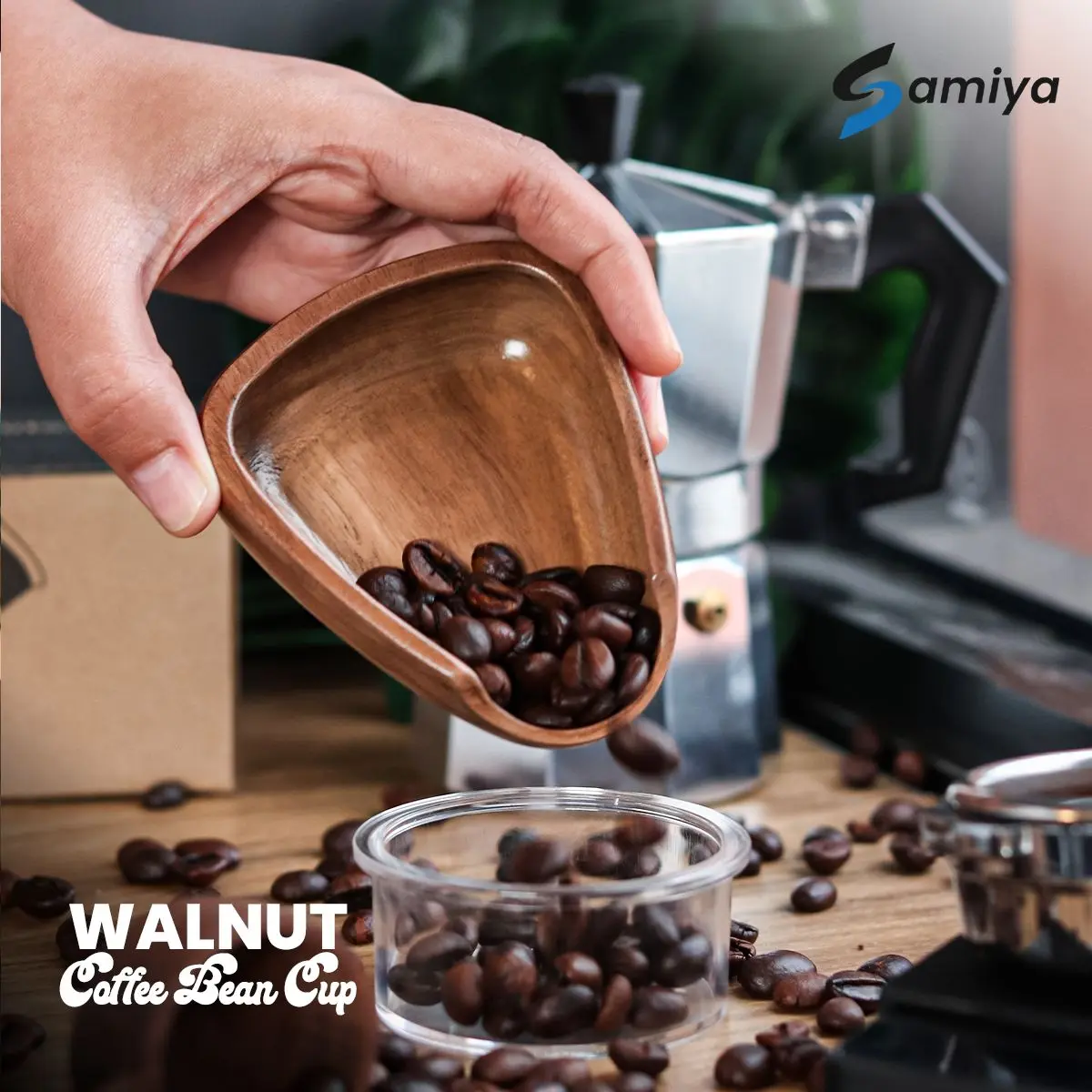 tempat takar biji kopi / walnut coffee bean dose cup / measuring dosing tray shovel kayu scoop