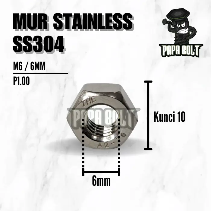 Mur Hexagon M6 / 6mm Stainless 304 Kunci 10 P1.00 / Nut Silver