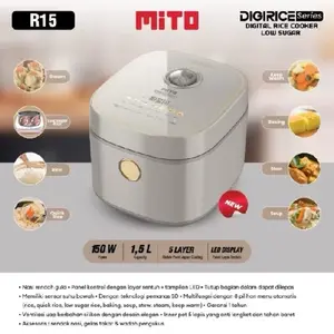 MITO Digital Rice Cooker 1.5 Liter R15 - Rice Cooker Low Sugar dengan 8 Menu Preset, Inner Pot Anti Lengket dan Tahan Baret, Daya Rendah 150W