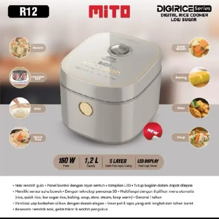 MITO Digital Rice Cooker 1.2 Liter R12 - Rice Cooker Low Sugar dengan 8 Menu Preset, Inner Pot Anti Lengket dan Tahan Baret, Daya Rendah 150W