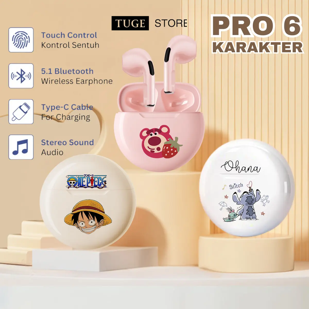 TUGE TWS Pro 6 Headset Bluetooth Running Earphone Wireless Olahraga Headphone Full Bass Hifi Stereo Earbud Ponsel