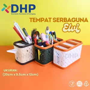 ELVI Tempat Sendok / Tempat Alat Tulis Plastik Serbaguna Motif Kain dengan sekat 3 Premium Praktis Murah Meriah Bahan Tebal