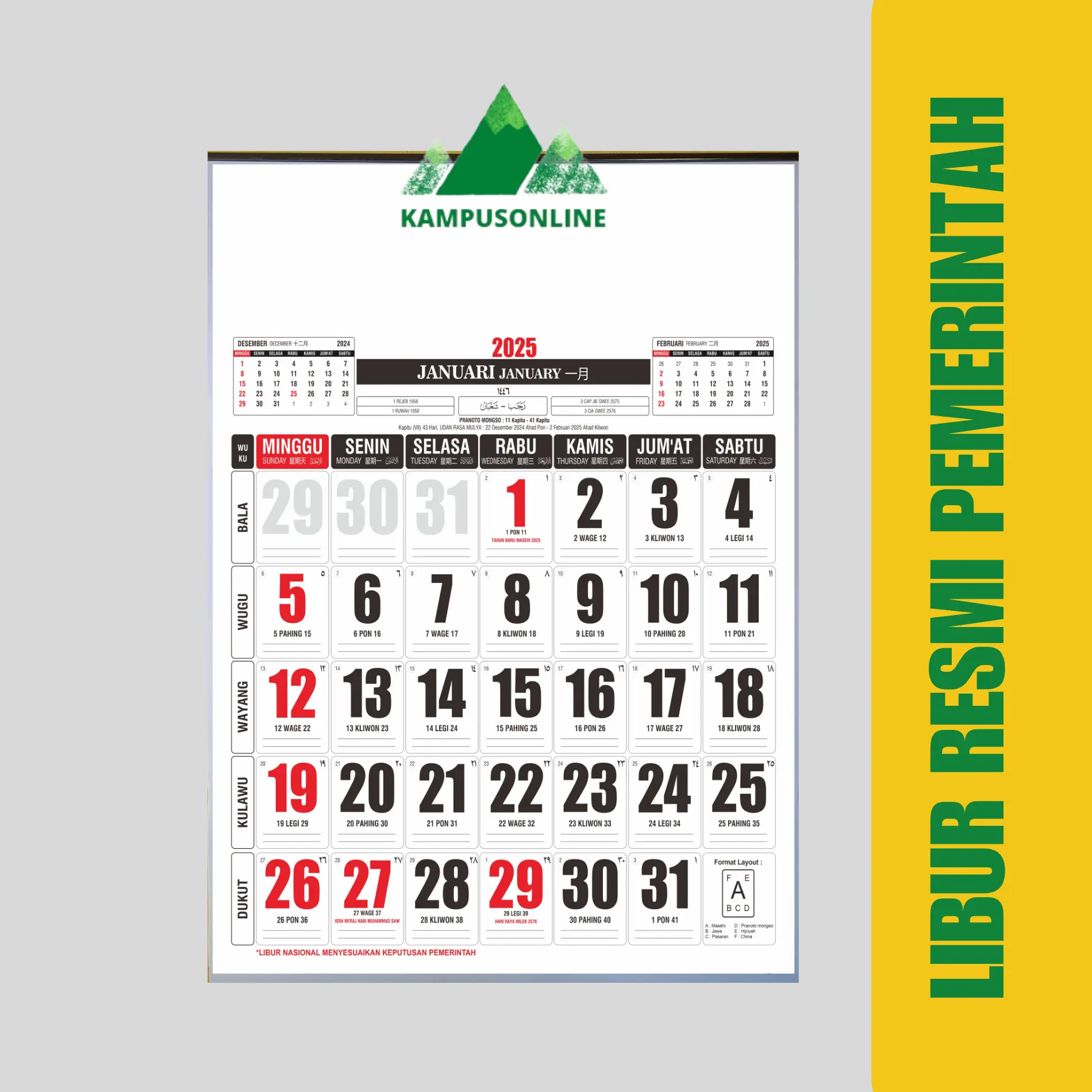 KALENDER DINDING 2024 46 CM x 64 CM BESAR LIBUR RESMI PEMERINTAH