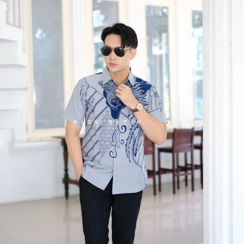 Kemeja batik SLIMFIT pria warna BIRU NAVY lengan pendek bahan katun lapis furing premium motif JACOB 0