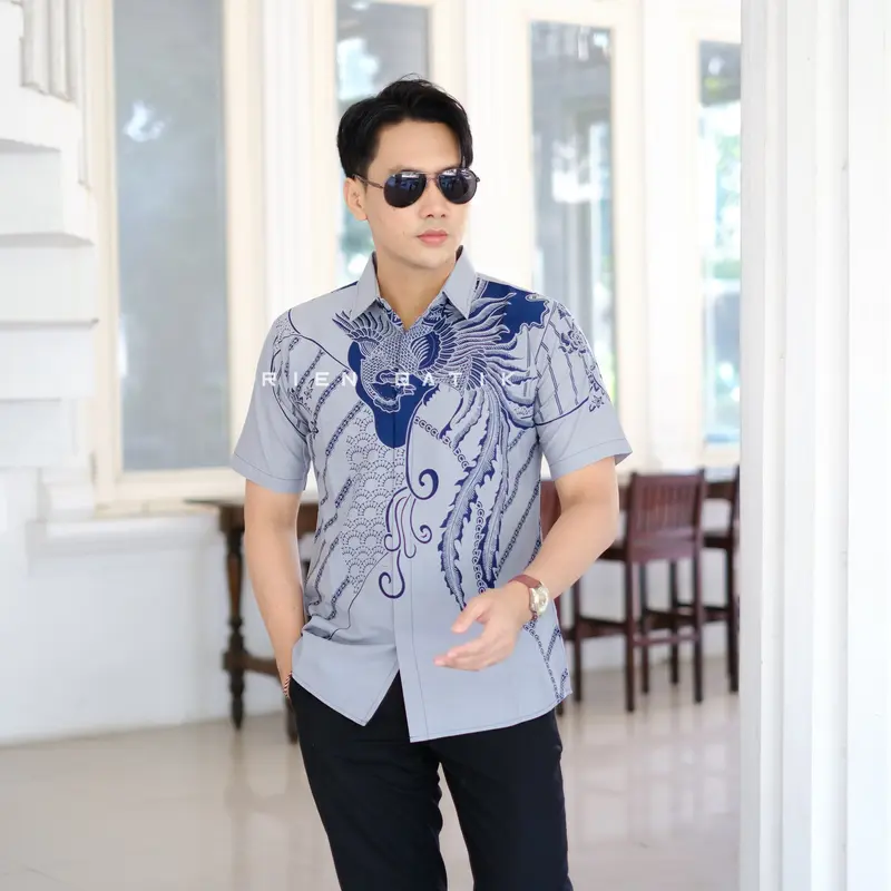 Kemeja batik SLIMFIT pria warna BIRU NAVY lengan pendek bahan katun lapis furing premium motif JACOB 1