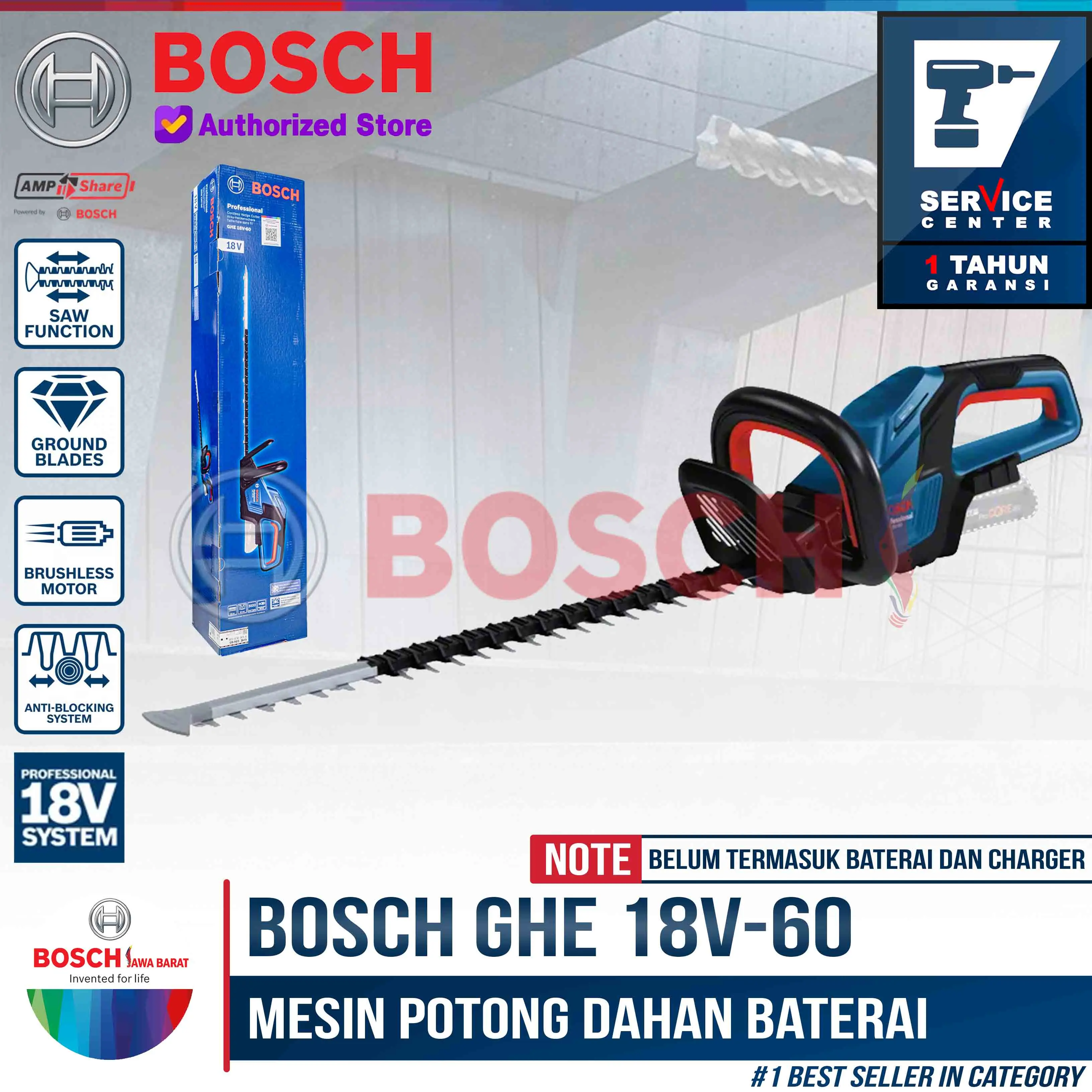Bosch Cordless Hedge Trimmer GHE 18V-60 Mesin Potong Dahan Baterai 18 V Unit Only