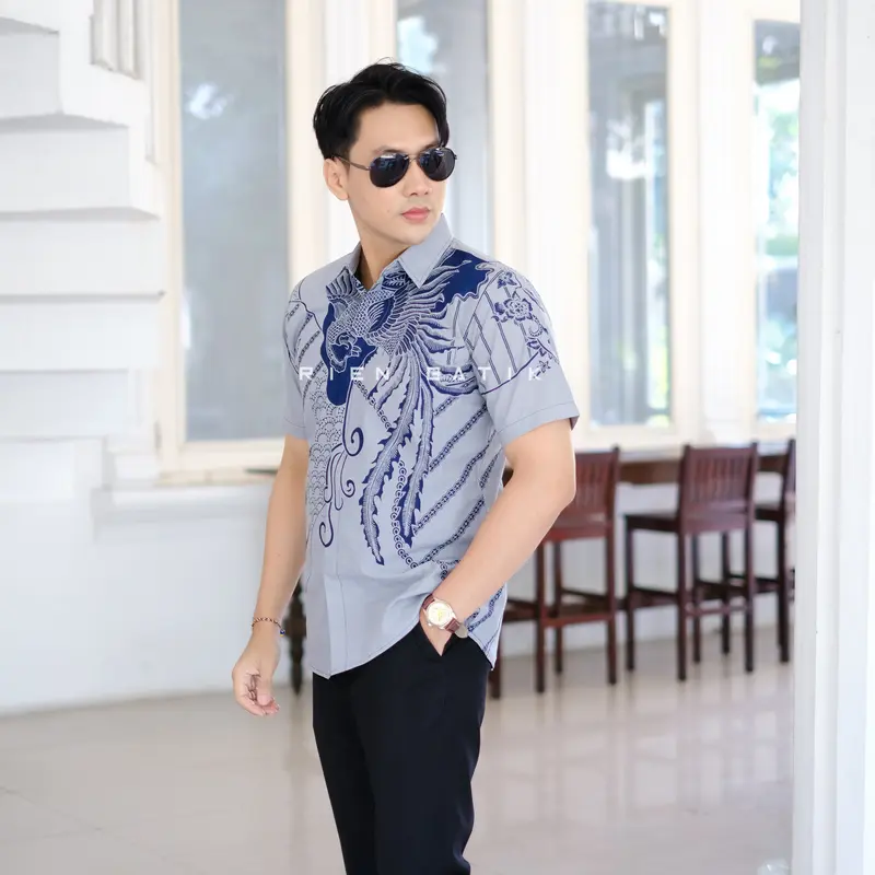 Kemeja batik SLIMFIT pria warna BIRU NAVY lengan pendek bahan katun lapis furing premium motif JACOB 2