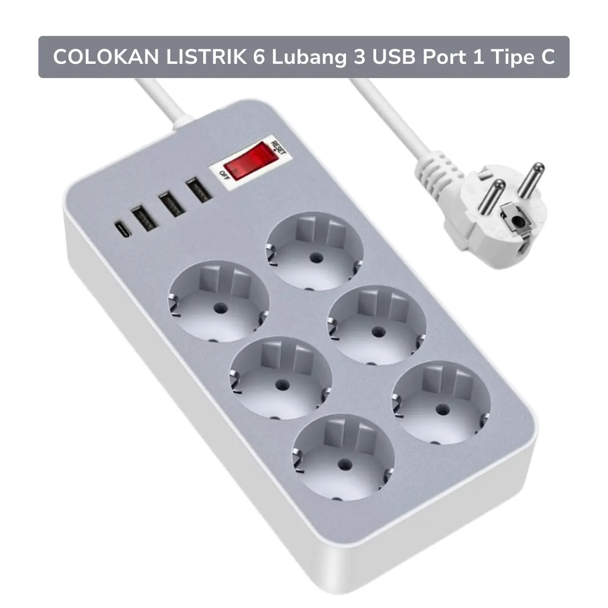 Colokan Listrik Travel Charger Terminal USB Serbaguna 6 Lubang 3 USB Port 1 Tipe C Panjang Kabel 180Cm