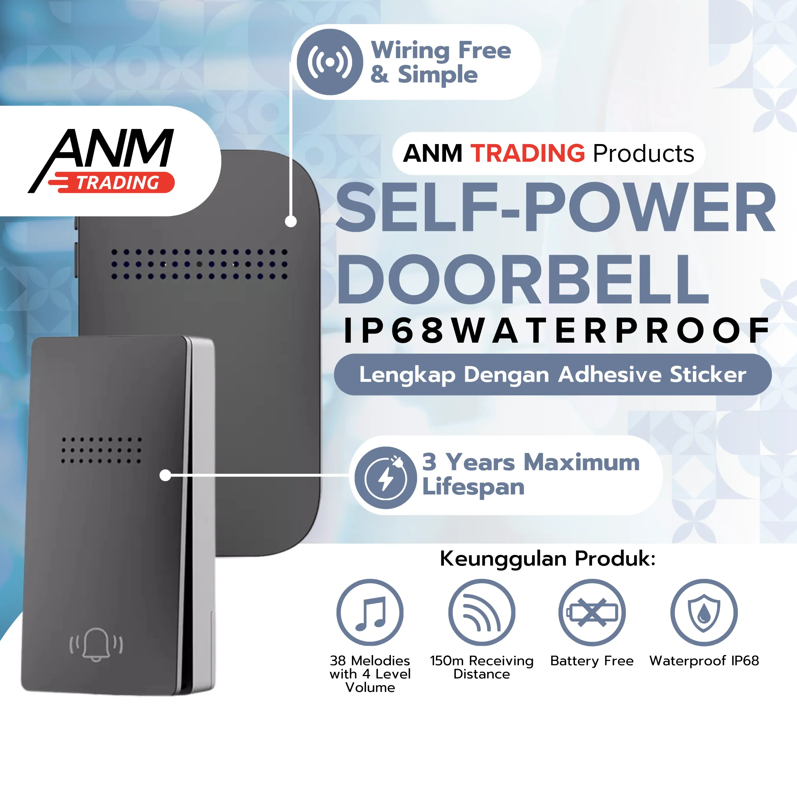 Bel Rumah Wireless Tanpa Baterai Wireless Bell Waterproof Battery Free