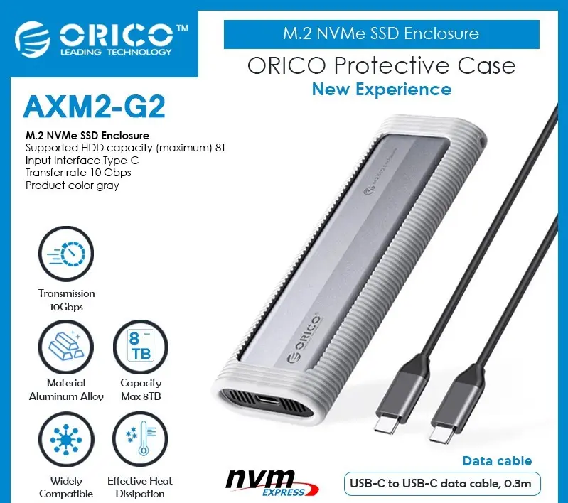 ORICO M.2 NVMe SSD Enclosure AXM2-G2 with Silicone Protective Case USB-C up to 10 Gbps, 2-in-1 Cable Portable Hanging Rope