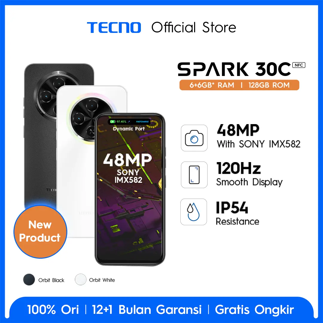 TECNO SPARK 30C – 6+6GB*+128GB, 120Hz Display, Sony 48MP Camera, Helio G81, 5000mAh, IP54, 7.8mm Ultra Slim, NFC, Garansi 12+1 Bulan