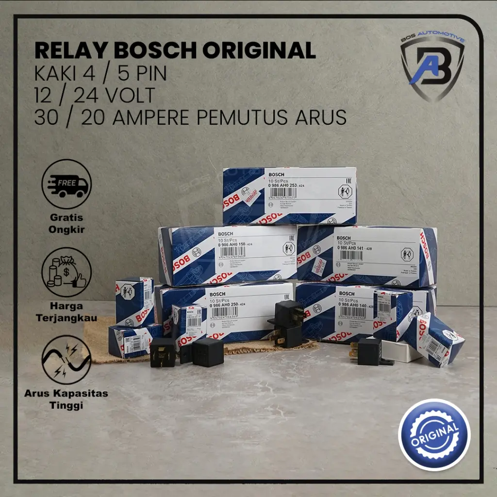 Relay BOSCH Original Kaki 4 - 4 Pin 12V 30 Ampere Mobil & Motor