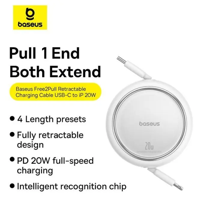 KABEL USB TYPE-C TO LIGHTNING IPHONE BASEUS FREE2PULL 20W 1M FAST CHARGING EAST RETRACTABLE DATA CABLE QUICK CHARGE