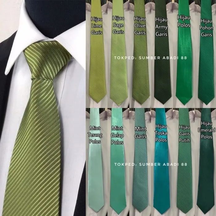 Dasi Pria Ikat Manual Dewasa Panjang Polos dan Motif Garis (Hijau Sage Olive Army Ijo Toska Mint) 0