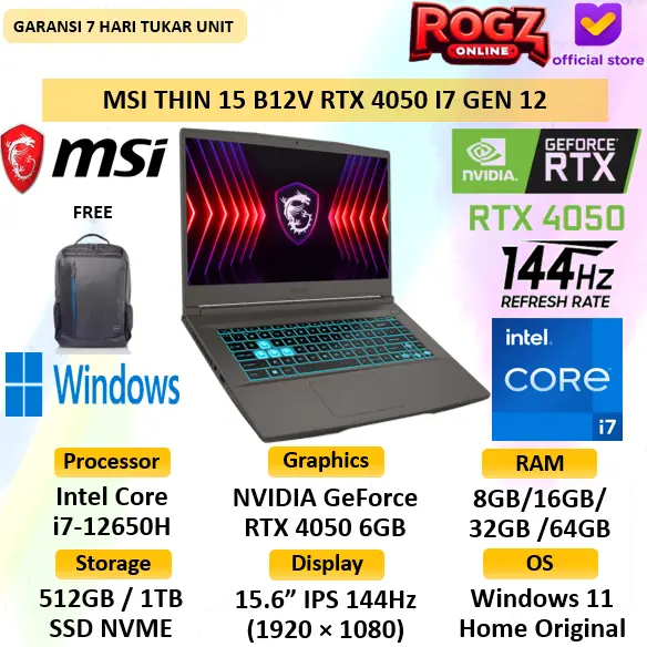 MSI Thin GF63 Gaming RTX 4050 I7 12650H 32GB 1TB SSD W11 15.6IPS 144Hz