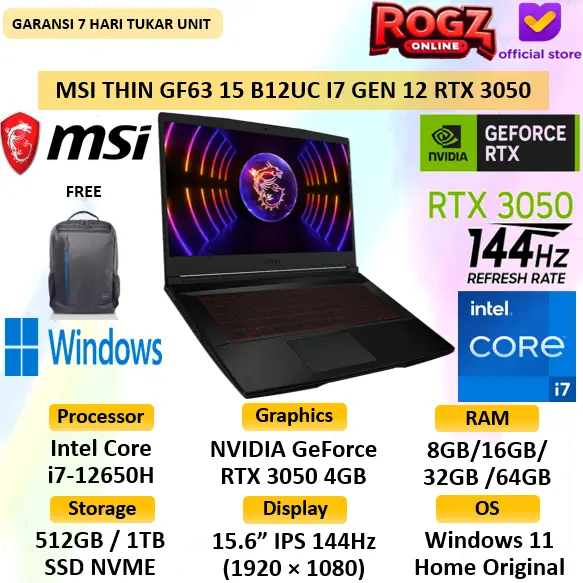 MSI Thin GF63 I7 12650H 16GB 1TB SSD RTX 3050 W 11 15.6 Panel IPS 144