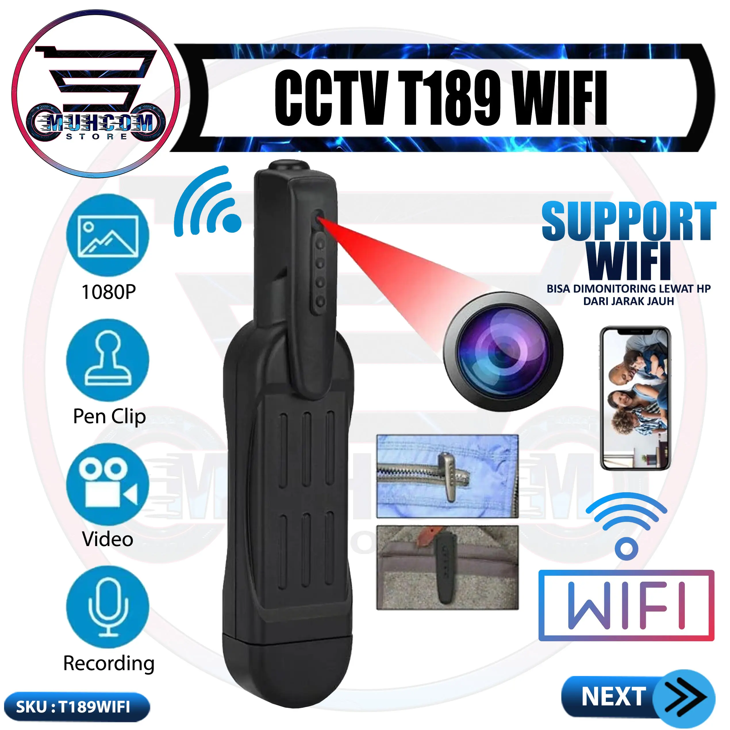 MUHCOMSTORE Kamera T189 WiFi HD 1080P Portable Clip Cam Rekam Video Foto Audio Desain Pen Praktis Support Smartphone Pocket Cam Outdoor Vlog Camcorder T189WIFI
