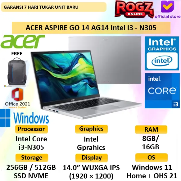 Laptop Acer Aspire 3 Slim A314 Core i3 N305 8GB 1TB SSD W 11 14 FHD