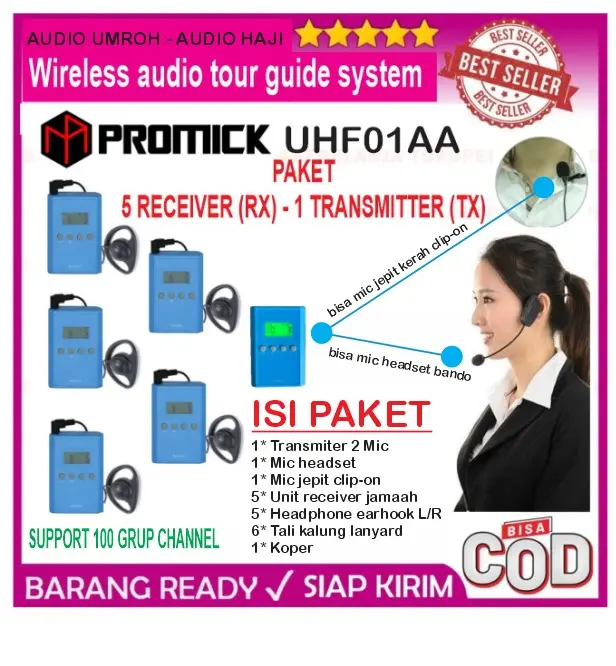 AUDIO UMROH AUDIO HAJI AUDIO INTERPRETER - WIRELESS TOUR GUIDE SYSTEM 5 CH PENERIMA 1 PEMANCAR - PROMICK UHF01AA