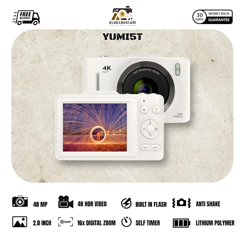 Kamera Digital BLANZAVA CAM YUMI5T 4K Digital Camera Original 48MP 16X Digital Zoom Anti Shake Auto Focus Vintage Portable Camera Aesthetic Pocket Digicam Estetik untuk Photography Free Memory Card 32GB up to 128GB Hitam Putih Ready Stock 1