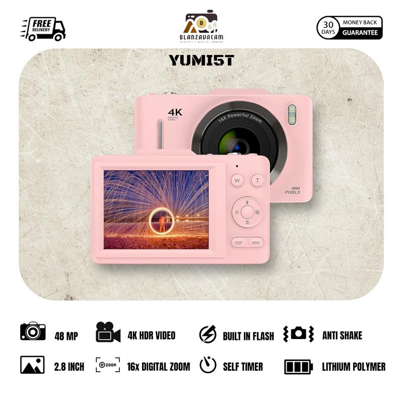 Kamera Digital BLANZAVA CAM YUMI5T 4K Digital Camera Original 48MP 16X Digital Zoom Anti Shake Auto Focus Vintage Portable Camera Aesthetic Pocket Digicam Estetik untuk Photography Free Memory Card 32GB up to 128GB Hitam Putih Ready Stock 3