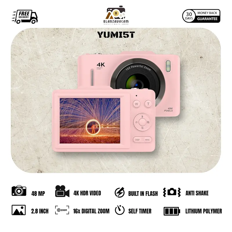 Kamera Digital BLANZAVA CAM YUMI5T 4K Digital Camera Original 48MP 16X Digital Zoom Anti Shake Auto Focus Vintage Portable Camera Aesthetic Pocket Digicam Estetik untuk Photography Free Memory Card 32GB up to 128GB Hitam Putih Ready Stock 2